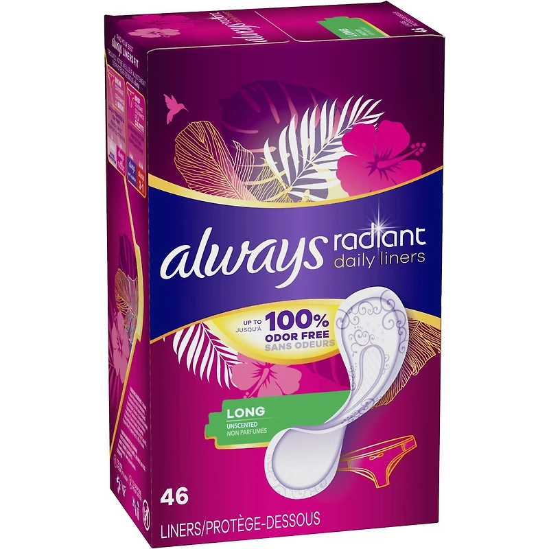 Protège-dessous quotidiens Always Radiant longs, non parfumés, protection jusqu’à 100 % sans odeurs, 46 protège-dessous