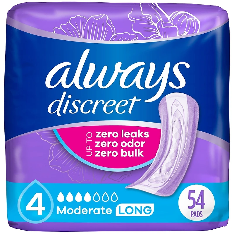 Discreet Moderate Long Incontinence Pads, 54 Count