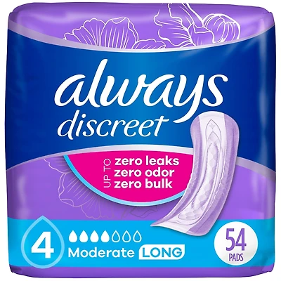 Discreet Moderate Long Incontinence Pads, 54 Count