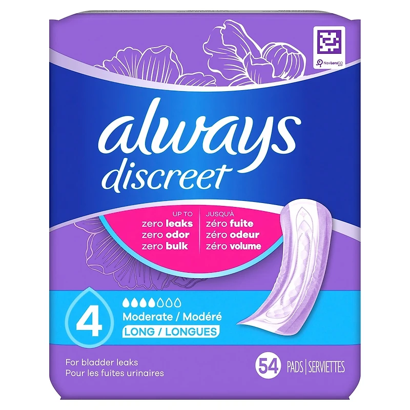 Discreet Moderate Long Incontinence Pads, 54 Count