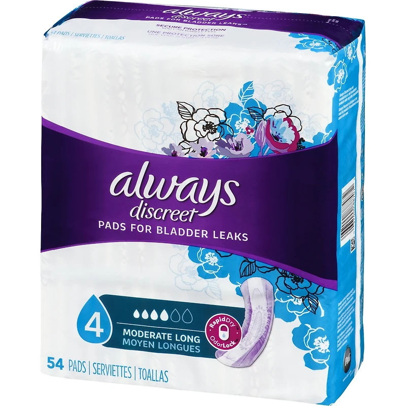 Discreet Moderate Long Incontinence Pads, 54 Count
