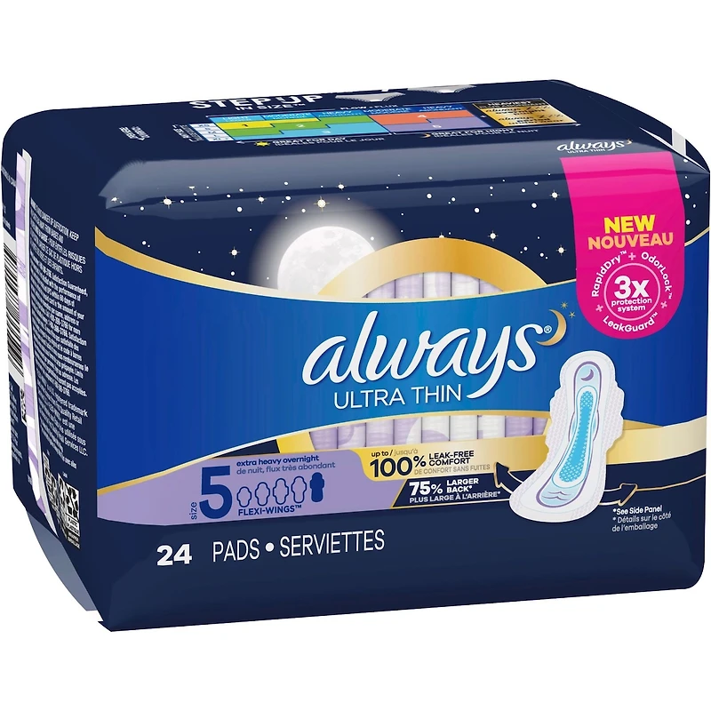 Serviettes Always Ultra Thin, de nuit, flux très abondant, avec ailes, taille 5, non parfumées
