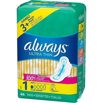 Always Ultra Thin Pads Size 1 Regular Absorbency Unscented with Wings, 46 Count