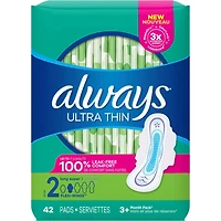 Always Ultra Thin Pads Size 2 Long Absorbency Unscented with Wings, 42 Count