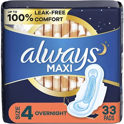 Serviettes Maxi de nuit, degré d’absorption de nuit, avec ailes, pour femmes, taille 4, non parfumées, 33 unités
