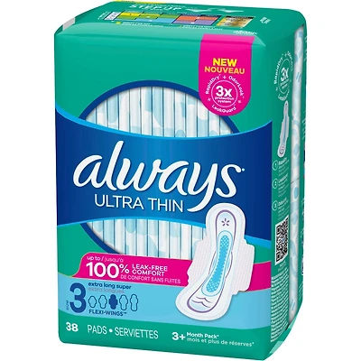 Always Ultra Thin Pads Size 3 Extra Long Super Absorbency Unscented with Wings, 38 Count