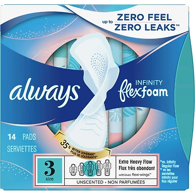 Always Infinity FlexFoam Pads for Women, Size 3, Extra Heavy Absorbency, Unscented, 14 Count