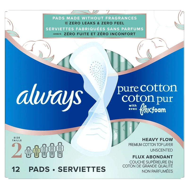 Always Pure Cotton with FlexFoam Pads Size 2, 12 Count