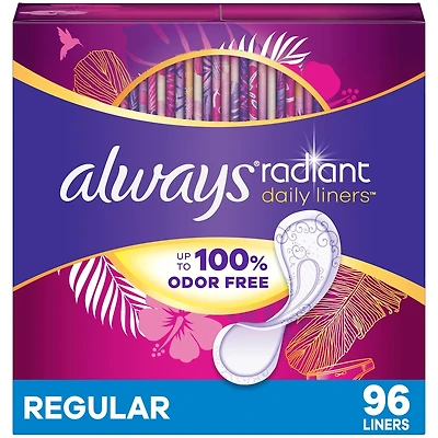 Protège-dessous quotidiens Always Radiant, degré d’absorption régulier, non parfumés, protection jusqu’à 100 % sans odeurs, 96 protège-dessous