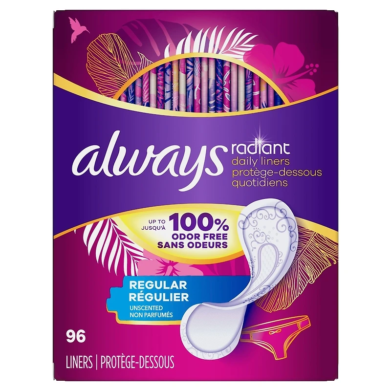 Protège-dessous quotidiens Always Radiant, degré d’absorption régulier, non parfumés, protection jusqu’à 100 % sans odeurs, 96 protège-dessous