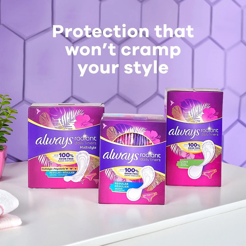 Protège-dessous quotidiens Always Radiant, degré d’absorption régulier, non parfumés, protection jusqu’à 100 % sans odeurs, 96 protège-dessous