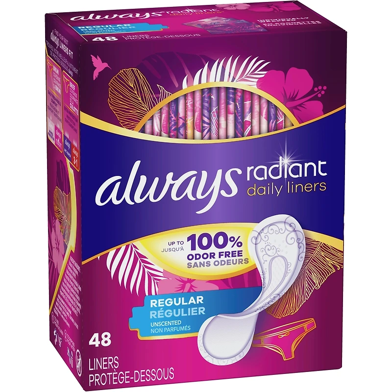 Protège-dessous quotidiens Radiant, degré d’absorption régulier, non parfumés, 48 unités