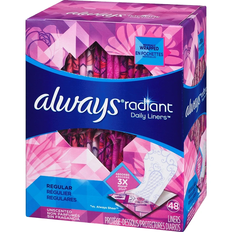 Protège-dessous quotidiens Radiant, degré d’absorption régulier, non parfumés, 48 unités