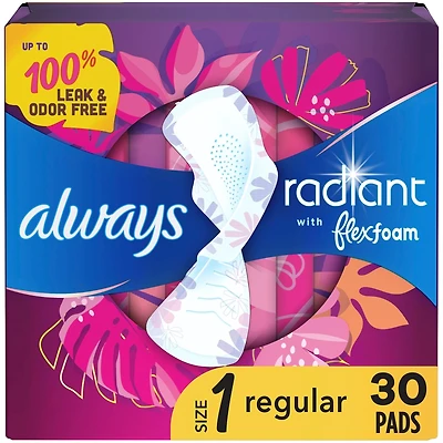 Serviettes Always Radiant FlexFoam, taille 1, degré d’absorption régulier, protection sans fuites ni odeurs à 100 %, avec ailes, parfumées, 30u