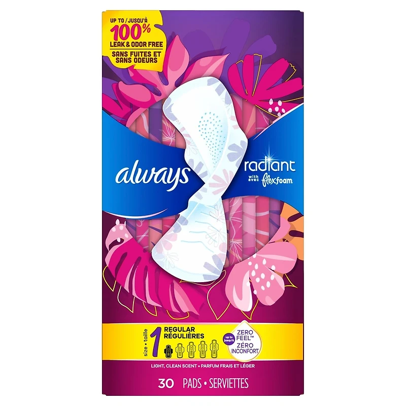Radiant FlexFoam Pads for Women Size 1, Regular Absorbency, 100% Leak & Odor Free Protection is possible, with Wings, Scented, 30 Count