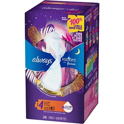 Serviettes Always Radiant FlexFoam, taille 4, degré d’absorption de nuit, protection sans fuites ni odeurs à 100 %, avec ailes, parfumées, 28 u