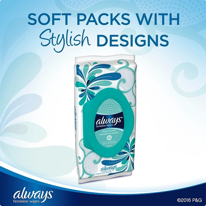 Always Feminine Wipes, Fresh & Clean, Soft Pack, 32 Count