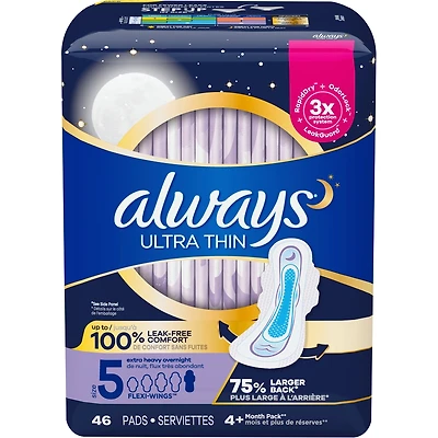 Ultra Thin Overnight Pads with Flexi-Wings, Size 5, Extra Heavy Overnight, Unscented