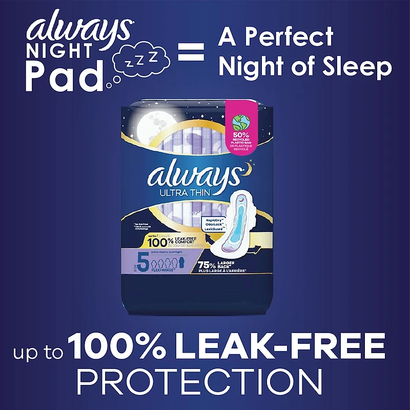 Serviettes Always Ultra Thin, de nuit, flux très abondant, avec ailes Flexi-Wings, taille 5, non parfumées