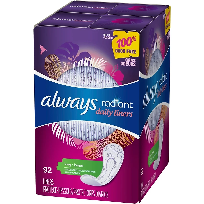 Protège-dessous quotidiens Always Radiant longs, non parfumés, protection jusqu’à 100 % sans odeurs, 92 protège-dessous