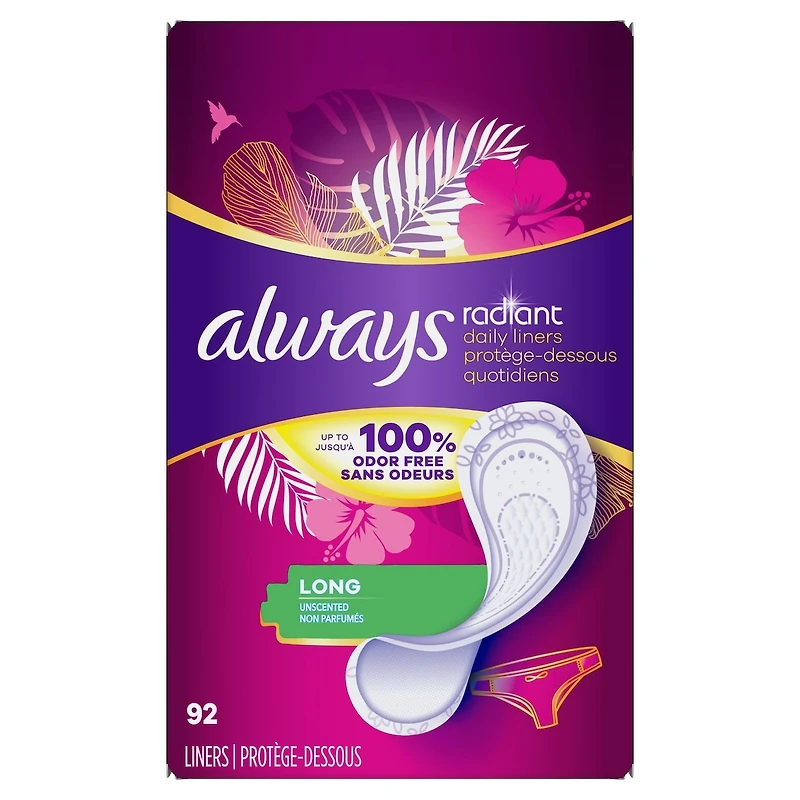 Protège-dessous quotidiens Always Radiant longs, non parfumés, protection jusqu’à 100 % sans odeurs