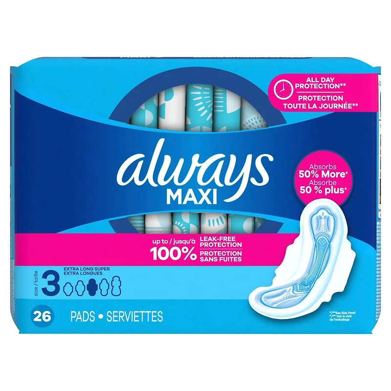 Always Maxi Pads Size 3 Extra Long Super Absorbency Unscented with Wings