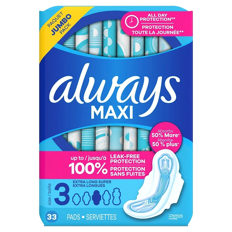 Always Maxi Pads Size 3 Extra Long Super Absorbency Unscented with Wings