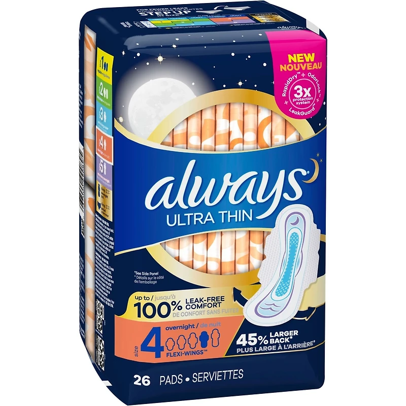 Serviettes Ultra Thin de nuit avec ailes, taille 4, non parfumées, 26 serviettes