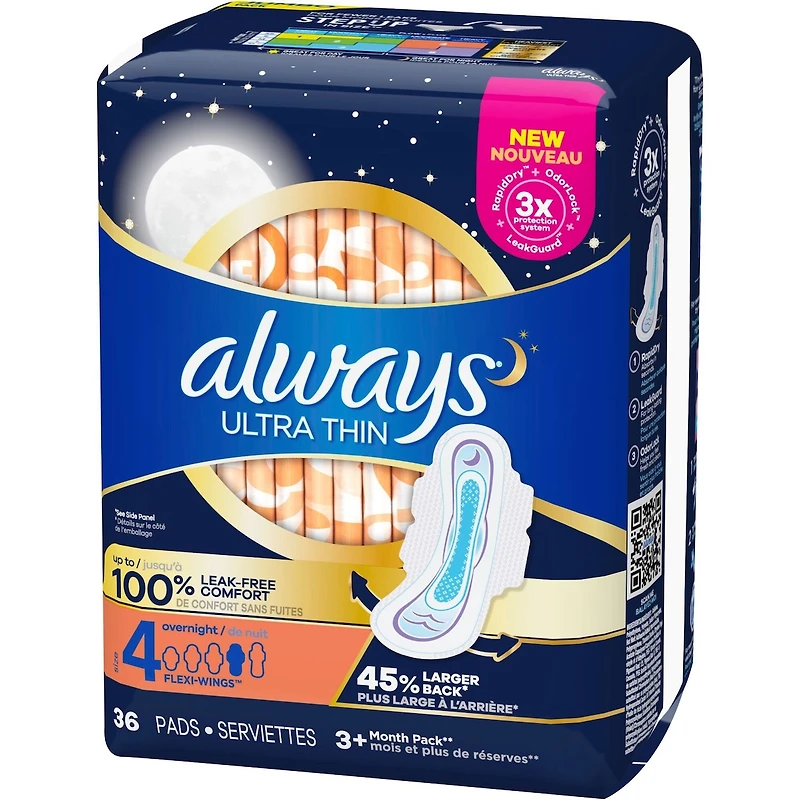 Always Ultra Thin Pads Size 4 Overnight Absorbency Unscented with Wings