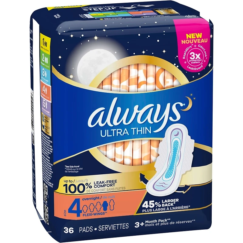 Always Ultra Thin Pads Size 4 Overnight Absorbency Unscented with Wings