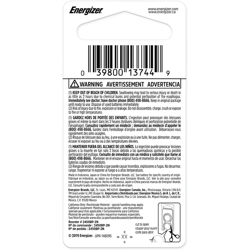 Pile miniature au lithium Energizer 2450, emballage de 2