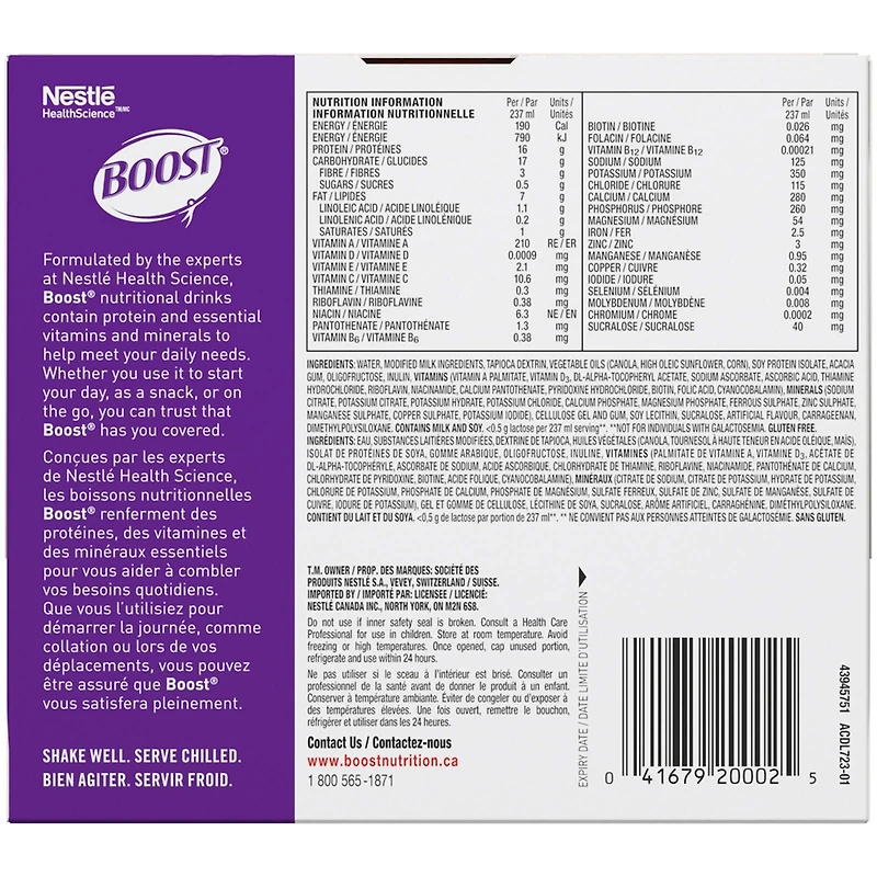 Supplément nutritionnel BOOST® Diabétique, vanille, emb. de 6, 6 x 237 ml