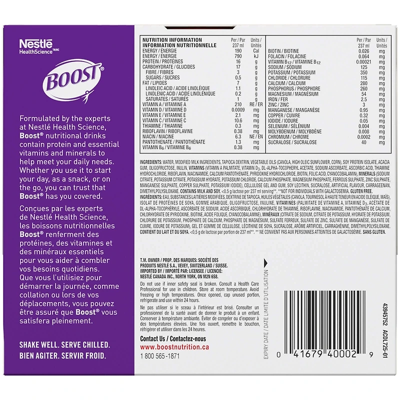 Supplément nutritionnel BOOST® Diabétique, fraise, emb. de 6, 6 x 237 ml