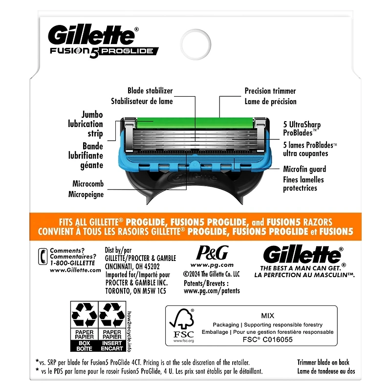 Cartouches de rechange de rasoir Gillette Fusion5 ProGlide pour hommes, cartouches de rasoir pour manche de rasoir Flex-pivot, cartouches à 5 lames de rasoir