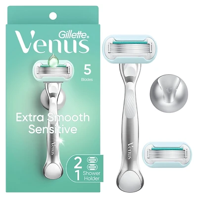 Rasoir Venus Extra doux Sensible pour femmes avec manche de rasoir réutilisable, 2 cartouches de rechange et un support pour la douche