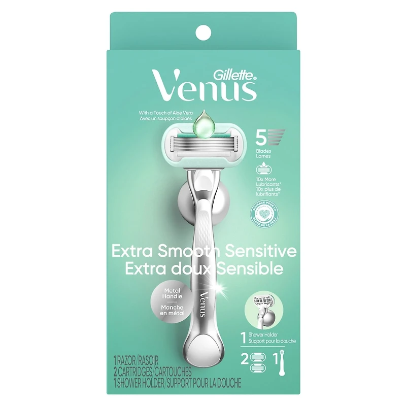Venus Extra Smooth Sensitive Women's Razor with Reusable Razor Handle, 2 Razor Blade Refills and Shower Holder
