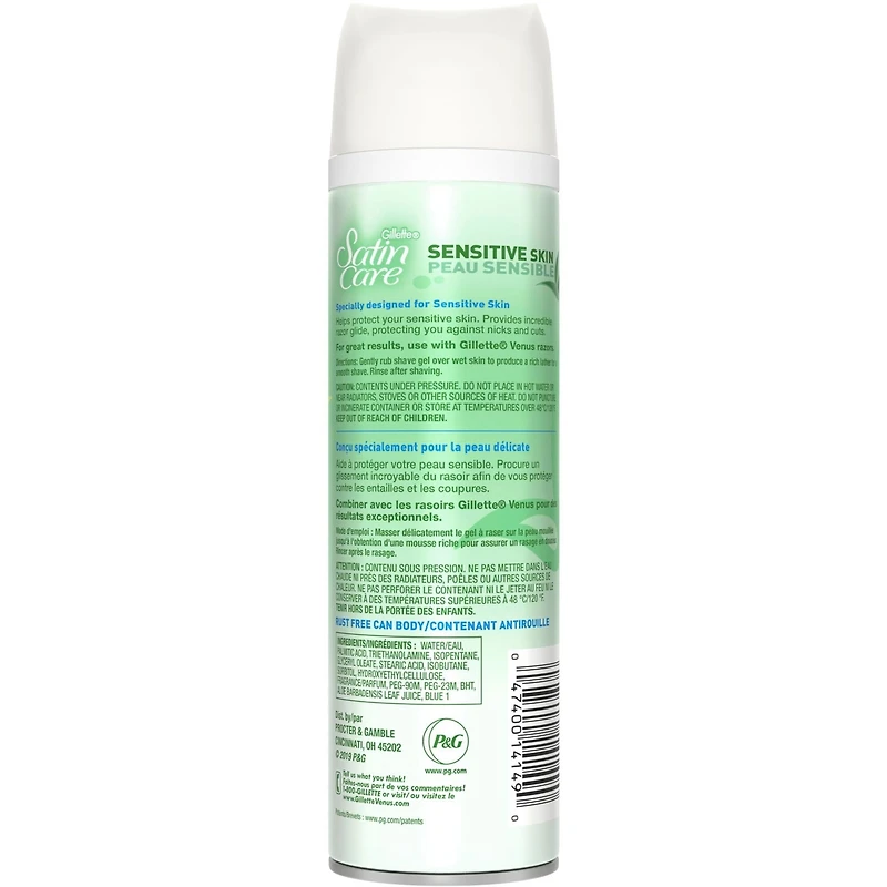 Gel à raser Gillette Satin Care Peau sensible pour femmes, 198 g