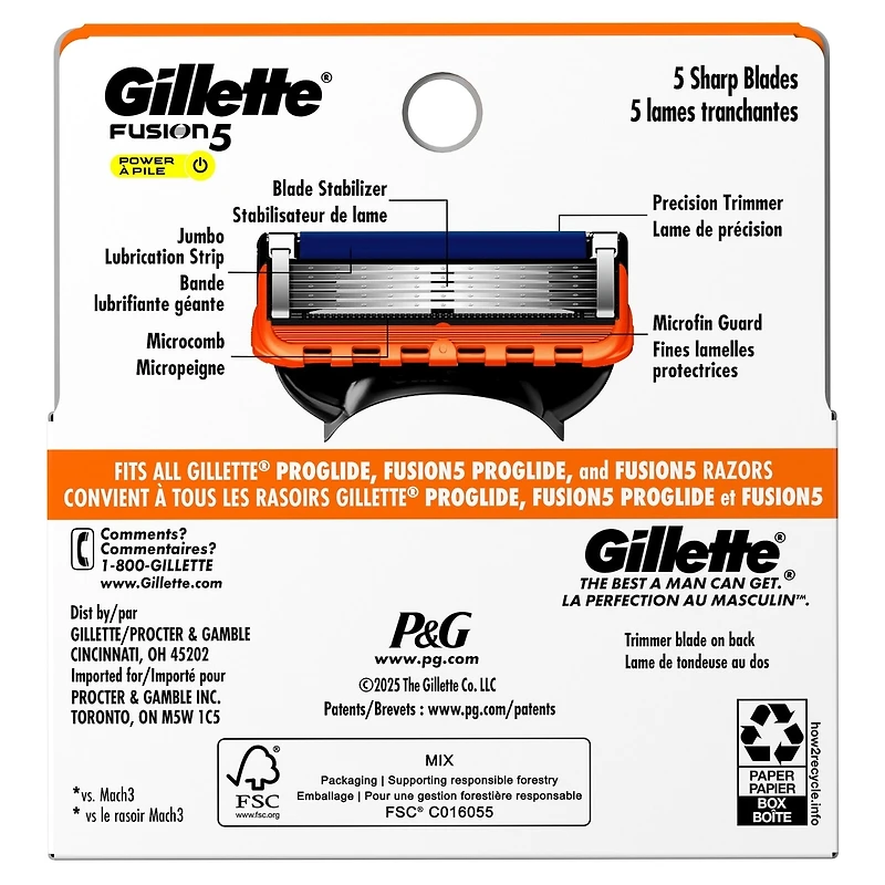 Cartouches de rechange de rasoir Gillette Fusion5 Power pour hommes, cartouches de rasoir, bande lubrifiante, lame de précision