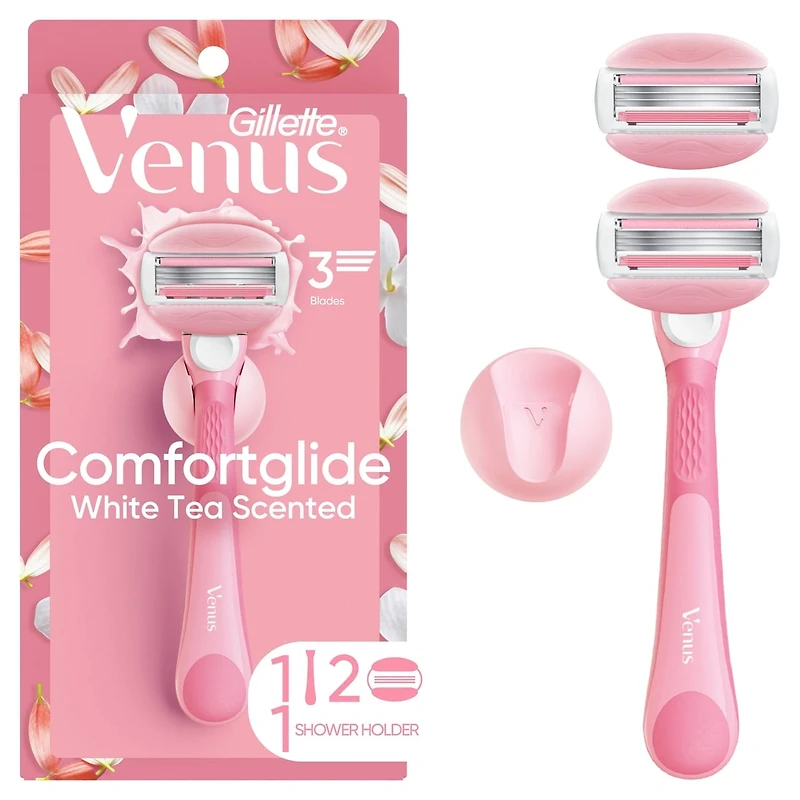 Rasoir Venus GlisseConfort pour femmes, parfum de thé blanc, manche de rasoir réutilisable, 2 cartouches de rechange et un support pour la douche