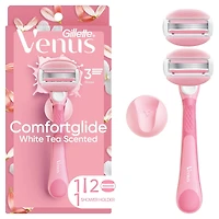 Rasoir Venus GlisseConfort pour femmes, parfum de thé blanc, manche de rasoir réutilisable, 2 cartouches de rechange et un support pour la douche