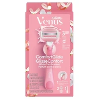 Rasoir Venus GlisseConfort pour femmes, parfum de thé blanc, manche de rasoir réutilisable, 2 cartouches de rechange et un support pour la douche