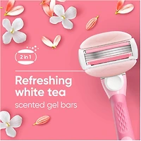 Rasoir Venus GlisseConfort pour femmes, parfum de thé blanc, manche de rasoir réutilisable, 2 cartouches de rechange et un support pour la douche