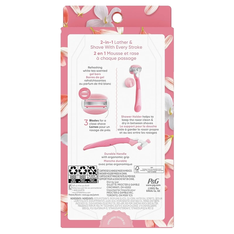 Rasoir Venus GlisseConfort pour femmes, parfum de thé blanc, manche de rasoir réutilisable, 2 cartouches de rechange et un support pour la douche