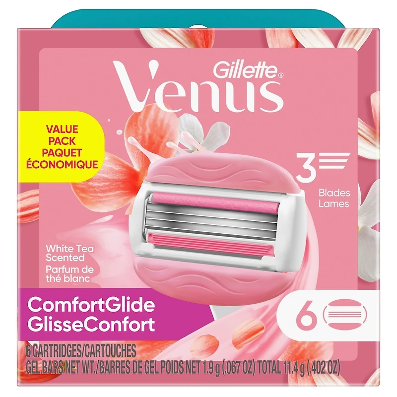 Gillette Venus ComfortGlide White Tea Scented Women's Razor Blades, 6 Refills