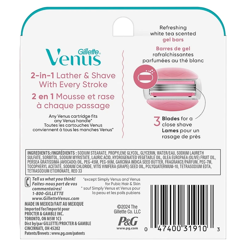 Gillette Venus ComfortGlide White Tea Scented Women's Razor Blades, 6 Refills