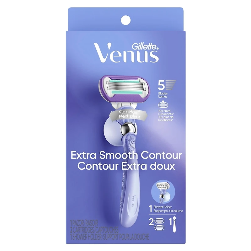 Venus Extra Smooth Contour Women's Razor with Reusable Razor Handle, 2 Razor Blade Refills and Shower Holder