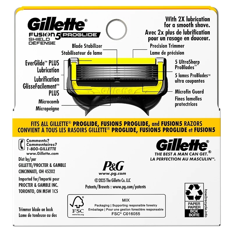 Cartouches de rechange de rasoir Gillette Fusion5ProGlide Défense pour hommes, cartouches de rechange de rasoir pour manche de rasoir Flex-pivot, 2x plus de lubrification