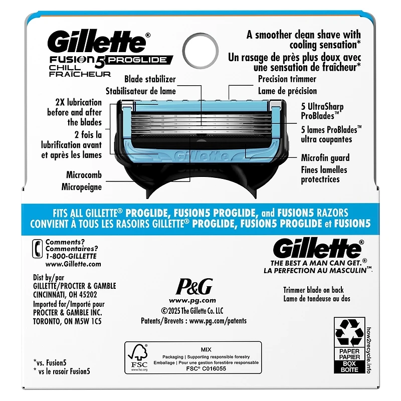 Cartouches de rechange de rasoir Gillette Fusion5 ProGlide Fraîcheur, 4 cartouches de rasoir pour manche de rasoir Flex-pivot, 5 lames de rasoir, 2x plus de lubrification rafraîchissante