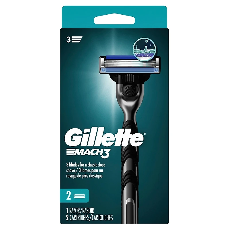 Rasoir Gillette Mach3 pour hommes, 1 manche de rasoir à 3 lames Gillette pour les soins personnels masculins, 2 cartouches de rechange, lames de rasoir avec bande lubrifiante