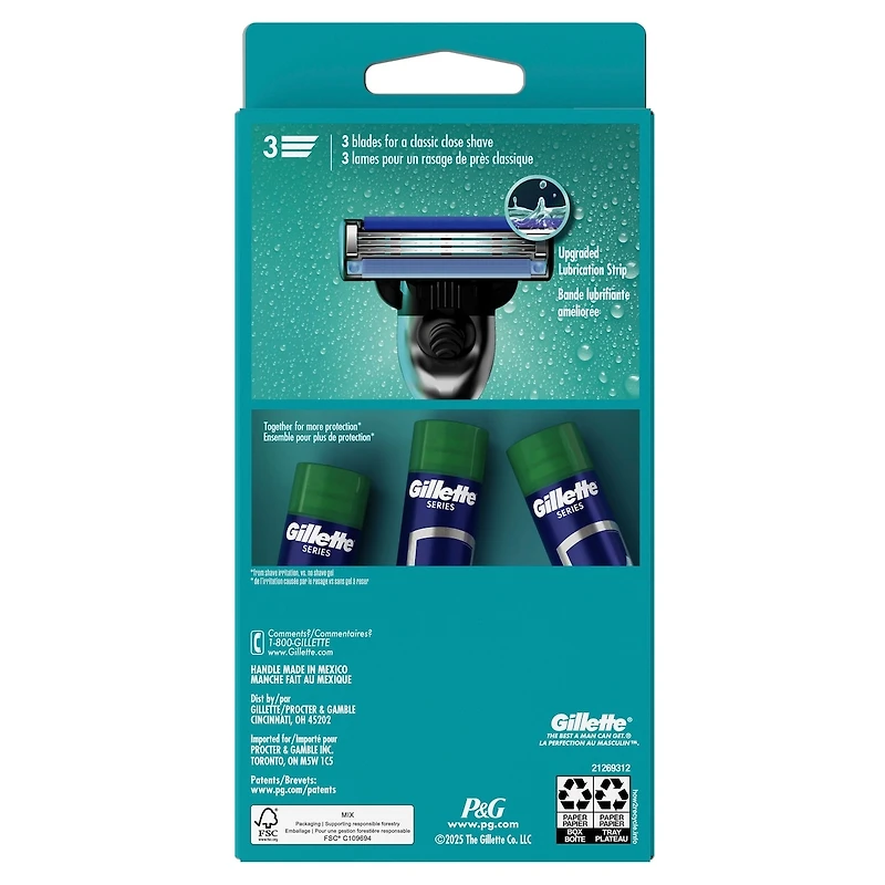 Rasoir Gillette Mach3 pour hommes, 1 manche de rasoir à 3 lames Gillette pour les soins personnels masculins, 2 cartouches de rechange, lames de rasoir avec bande lubrifiante